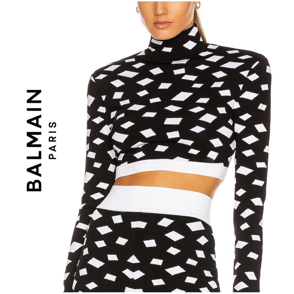 Balmain Black and White Geometric Turtleneck Crop Top
